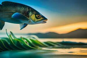 un' pesce è in piedi su il bordo di un' lago. ai-generato foto