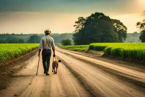 un' uomo a piedi il suo cane giù un' sporco strada. ai-generato foto