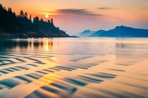 tramonto al di sopra di il oceano con onde e alberi. ai-generato foto