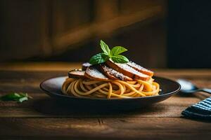 spaghetti con carne e basilico su un' di legno tavolo. ai-generato foto