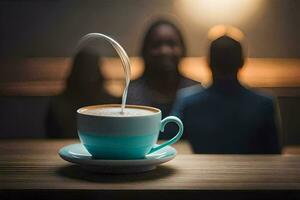 un' tazza di caffè con un' persona nel il sfondo. ai-generato foto