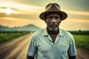 un africano uomo nel un' cappello in piedi su un' sporco strada. ai-generato foto