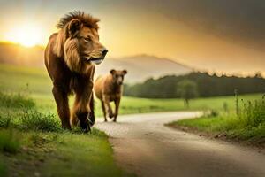 Due leoni a piedi giù un' strada a tramonto. ai-generato foto