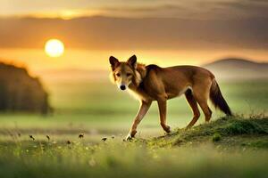 un' cane a piedi nel il erba a tramonto. ai-generato foto