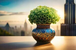 un' vaso con verde fiori su un' tavolo nel davanti di un' paesaggio urbano. ai-generato foto