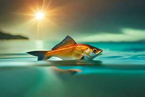 un' pesce nuoto nel il oceano con il sole nel il sfondo. ai-generato foto