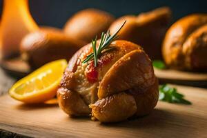 arrostito pollo con rosmarino e Limone su un' di legno tavola. ai-generato foto