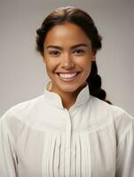 sorridente giovane donna di messicano discesa vestito nel elegante vestito su grigio sfondo ai generativo foto