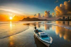 un' barca si siede su il spiaggia a tramonto. ai-generato foto