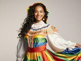 sorridente giovane donna di messicano discesa vestito nel elegante vestito su grigio sfondo ai generativo foto