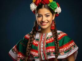 sorridente giovane donna di messicano discesa vestito nel elegante vestito su grigio sfondo ai generativo foto