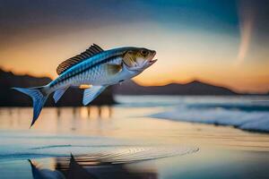 un' pesce è salto su di il acqua a tramonto. ai-generato foto