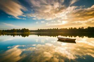 un' barca è galleggiante su un' calma lago a tramonto. ai-generato foto