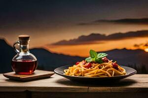 pasta con pomodoro salsa e basilico le foglie su un' di legno tavolo. ai-generato foto