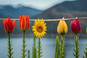 colorato tulipani e girasole su un' filo. ai-generato foto