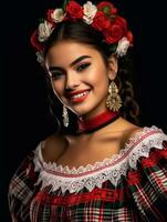 sorridente giovane donna di messicano discesa vestito nel elegante vestito su grigio sfondo ai generativo foto