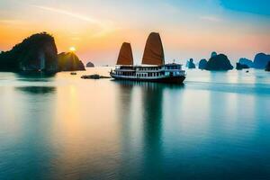 halong baia, Vietnam, tramonto, barca, tramonto, Vietnam, hal. ai-generato foto