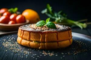 un' torta con pomodori e basilico su un' nero piatto. ai-generato foto