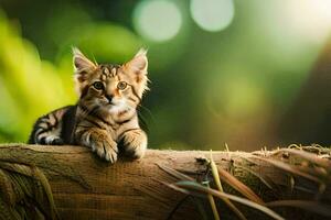 un' piccolo gatto seduta su superiore di un' tronco d'albero. ai-generato foto