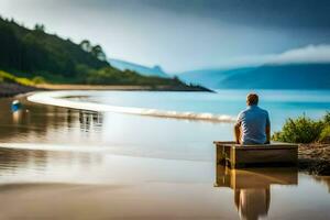 un' uomo si siede su un' panchina prospiciente il oceano. ai-generato foto