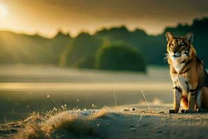un' tigre seduta su il sabbia a tramonto. ai-generato foto