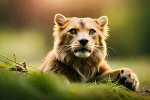 un' Leone è posa nel il erba. ai-generato foto