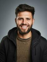 sorridente giovane uomo di messicano discesa contro neutro sfondo ai generativo foto