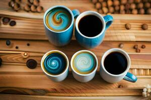 quattro tazze di caffè con turbinii di diverso colori. ai-generato foto