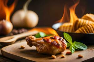 pollo Ali su un' di legno tavola con fuoco. ai-generato foto