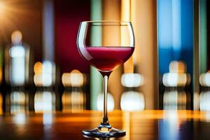 un' bicchiere di vino su un' tavolo nel davanti di un' sfocato sfondo. ai-generato foto