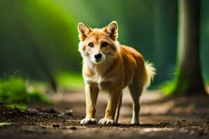 un' cane a piedi su un' sporco strada nel il foresta. ai-generato foto