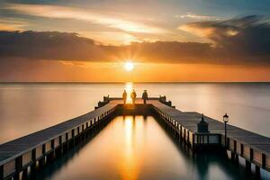 un' molo con un' tramonto al di sopra di il acqua. ai-generato foto