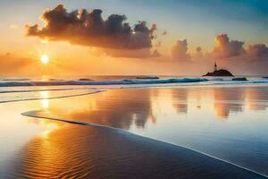 tramonto su il spiaggia, acqua, onde, cielo, orizzonte, orizzonte linea, orizzonte,. ai-generato foto