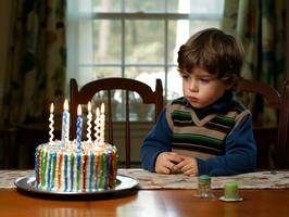 bambino soffiaggio su il candele su loro compleanno torta ai generativo foto