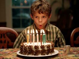 bambino soffiaggio su il candele su loro compleanno torta ai generativo foto