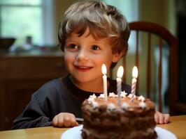 bambino soffiaggio su il candele su loro compleanno torta ai generativo foto