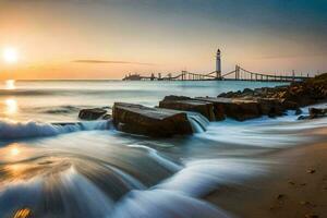 un' faro e un' spiaggia a tramonto. ai-generato foto