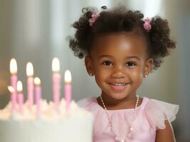 bambino soffiaggio su il candele su loro compleanno torta ai generativo foto