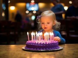 bambino soffiaggio su il candele su loro compleanno torta ai generativo foto