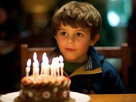 bambino soffiaggio su il candele su loro compleanno torta ai generativo foto