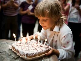 bambino soffiaggio su il candele su loro compleanno torta ai generativo foto