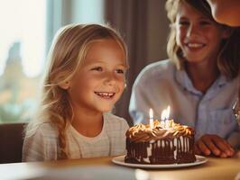 bambino soffiaggio su il candele su loro compleanno torta ai generativo foto