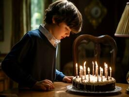 bambino soffiaggio su il candele su loro compleanno torta ai generativo foto