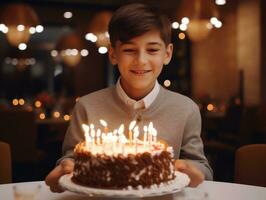 bambino soffiaggio su il candele su loro compleanno torta ai generativo foto