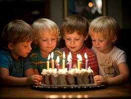 bambino soffiaggio su il candele su loro compleanno torta ai generativo foto
