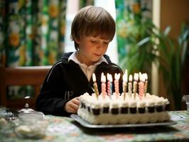 bambino soffiaggio su il candele su loro compleanno torta ai generativo foto