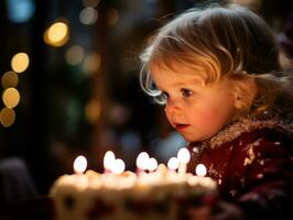 bambino soffiaggio su il candele su loro compleanno torta ai generativo foto