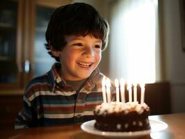 bambino soffiaggio su il candele su loro compleanno torta ai generativo foto