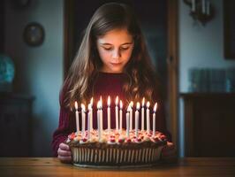 bambino soffiaggio su il candele su loro compleanno torta ai generativo foto