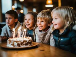 bambino soffiaggio su il candele su loro compleanno torta ai generativo foto